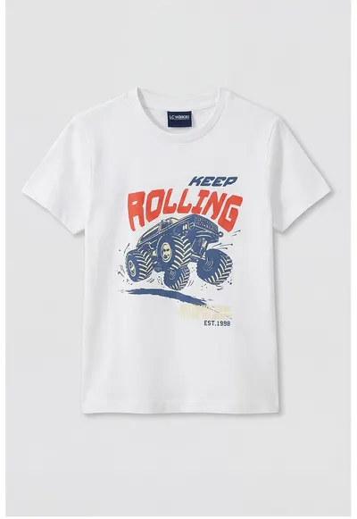 Tricou cu imprimeu si decolteu rotund - Alb/Albastru inchis/Rosu vermillion