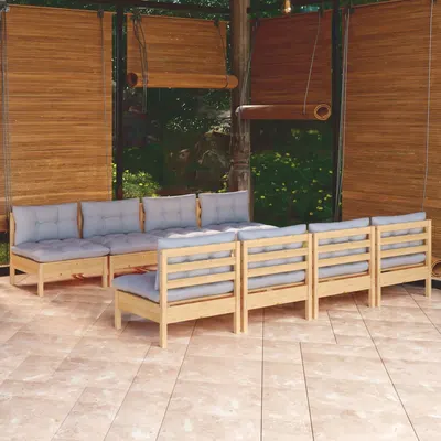 vidaXL Set mobilier de grădină cu perne gri, 9 piese, lemn masiv pin