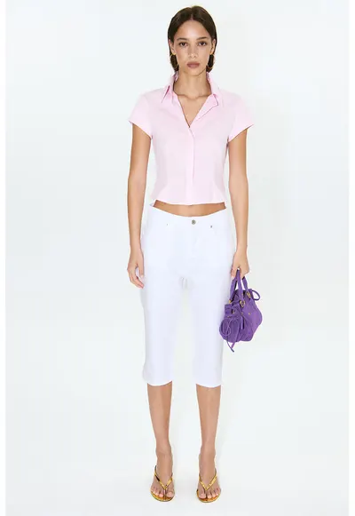 Camasa crop din amestec de bumbac - Roz pastel