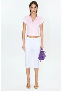 Camasa crop din amestec de bumbac - Roz pastel