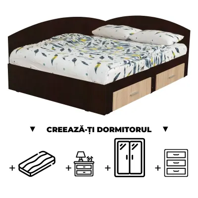 Creeaza-ti Dormitorul ALMA, sonoma inchis + sonoma deschis, de la Pat Colt Alma 160x200 cm, cu 2 sertare laterale pe role, adauga Saltea, Noptiere, Comoda, Dulap