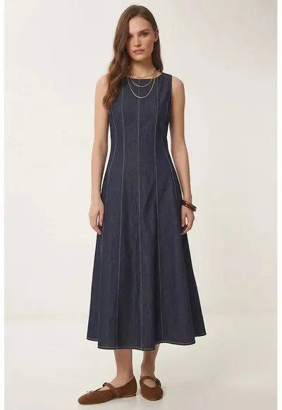 Rochie midi - Happiness Istanbul - denim - guler rotund - bleumarin - poliester/elastan