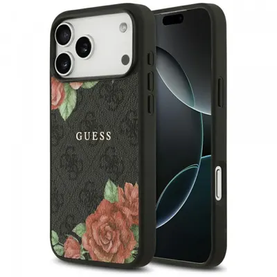 Husa MagSafe pentru Apple iPhone 17 Pro, Guess, 4G Flowers Print, Neagra
