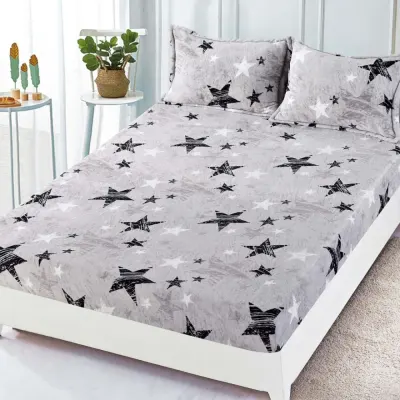 Cearsaf / Husa cu Elastic Cocolino 180x200cm si 2 fete de perna 50x70cm, Gri, stelute negre