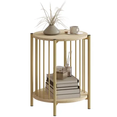 HOMCOM Masa laterală, masă de cafea cu 2 nivele cu raft de depozitare și cadru din oțel, Ø 41 x 49 cm efect lemn natural | Aosom Romania
