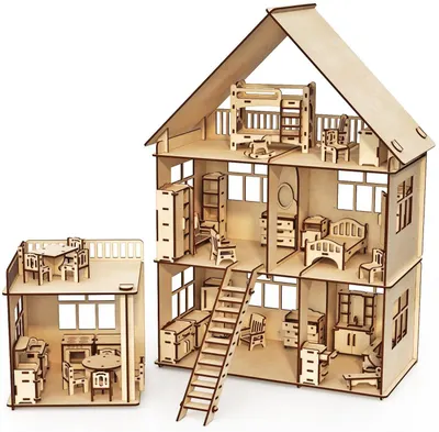 Set din lemn de asamblat Woodpy - Casuta pentru papusi cu mobilier, 296 piese