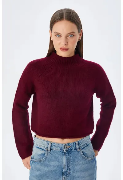 Pulover scurt - tricotat texturat - rosu burgundy - acrilic si poliester