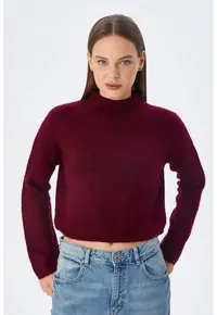 Pulover scurt - tricotat texturat - rosu burgundy - acrilic si poliester -