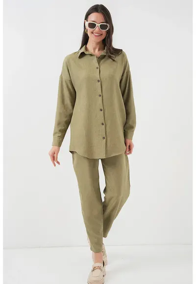 Compleu dama HiCCUP - camasa cu maneca lunga si pantaloni - viscoza/in - verde