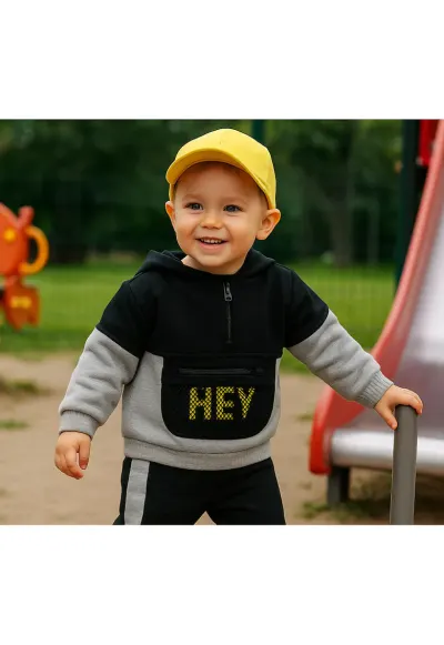Hanorac cu gluga - fermoar si buzunar in fata - City Boys - Gri si Negru - pentru baietei - Negru