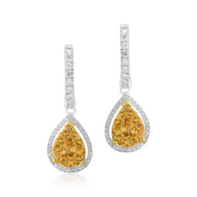 Cercei din aur alb-galben cu safire galbene pear si rotunde de 0.94ct si diamante de 0.48ct