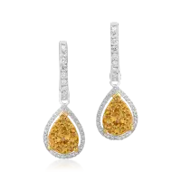 Cercei din aur alb-galben cu safire galbene pear si rotunde de 0.94ct si diamante de 0.48ct
