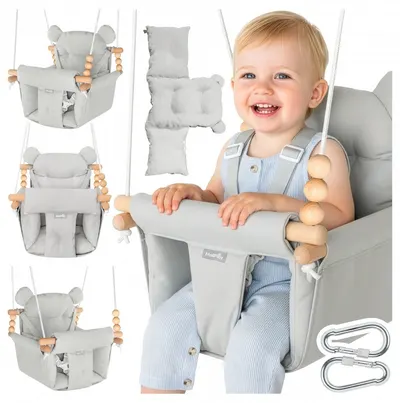 Leagan suspendat pentru bebelusi Malplay Malo Wave Grey, cu pernute confortabile si centuri de siguranta, din panza bumbac, design versatil, varsta 12-36 luni, maxim 60 kg