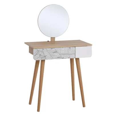 HOMCOM Masă de Machiaj cu Oglindă Rotundă și Sertar, Design Jungle, Alb și Stejar, 70x39x120cm | Aosom Romania