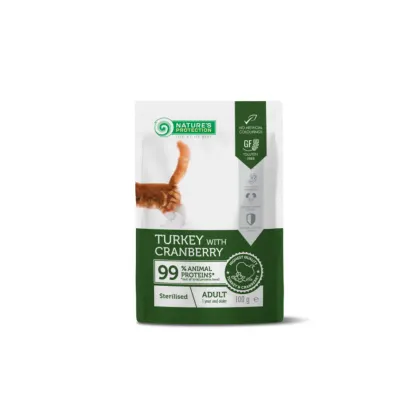 NATURES PROTECTION Sterilised, Curcan și Merișoare, plic hrană umedă monoproteică pisici sterilizate, (în sos), 100g