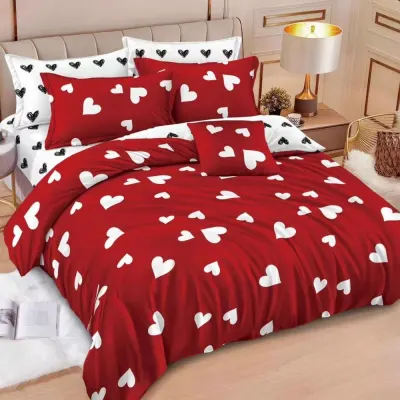 Lenjerie pat dublu, Finet, 6 piese, Alb, Rosu, inimioare