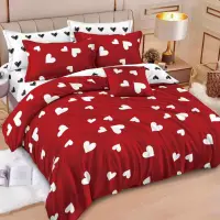 Lenjerie pat dublu, Finet, 6 piese, Alb, Rosu, inimioare