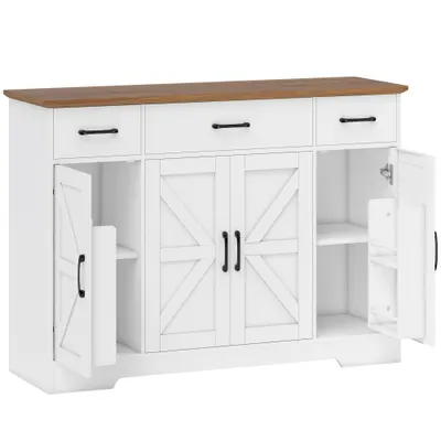 HOMCOM Bufet Bucătărie Rustic, Bufet cu Uși Soft-Close, 3 Sertare, 3 Rafturi Reglabile, Portaspecii, PAL, MDF, Alb | Aosom Romania