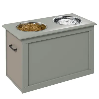 PawHut Boluri ridicate pentru câini bol dublu câine pisică Suport pentru boluri ridicat dim. 60L x 30W x 41H cm 2 boluri 2L mânere compartiment lemn gri | Aosom Romania