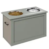PawHut Boluri ridicate pentru câini bol dublu câine pisică Suport pentru boluri ridicat dim. 60L x 30W x 41H cm 2 boluri 2L mânere compartiment lemn gri | Aosom Romania