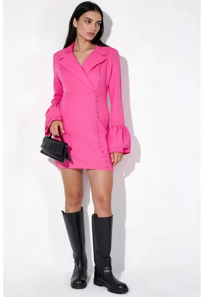 Rochie Mini - Elegant - Maneca lunga - Roz Magenta - Poliester-Lycra