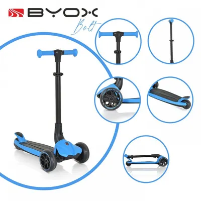 Trotineta pentru copii Byox Bolt Albastru pliabila,cadru din aluminiu,inaltime ghidon reglabila pe 3nivele,roti PU si baza cu lumini LED ,de la 3ani si pana la 50kg
