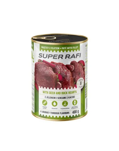 SUPER RAFI Pate cu cerb și inimi de rață 400 g pentru câini adulți