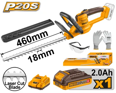 Fierastrau Electric pentru Gard Viu 20V 460mm INGCO CHTLI20461E, 2800 spm, lama taiata laser, capacitate taiere 18mm, 1 acumulator 2Ah + incarcator + accesorii incluse