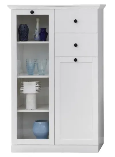 Vitrina joasa BRANDSON, 2 usi, 2 sertare, geam, alb, 81x41x129 cm