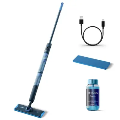 Mop electric Philips 5000 OneUp XV5113/01, Rezervoare apa curata/uzata de 0.281 l/0.178 l, Autonomie 70 minute (Albastru)