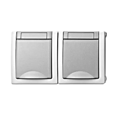 Priză dublă cu pin PE, protecţie copii, montaj oriz.IP54,gri
