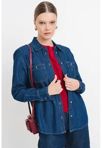 Camasa din denim cu buzunare pe piept - Albastru inchis