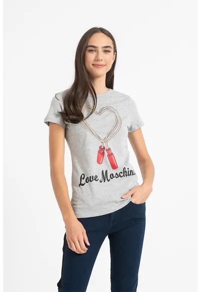 Tricou cu decolteu la baza gatului si imprimeu grafic - Gri melange