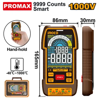 Multimetru Digital Profesional 1000V INGCO DM110004, TRMS 9999 counts, ecran color VA, AC/DC, 10A, temperatura -40°C ~ 1000°C, NCV, SMART, functie completa