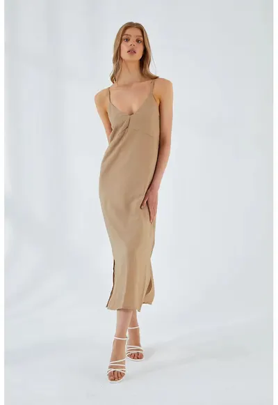 Rochie Midi - Decolteu in V - Slit - Bej Natural - Textil