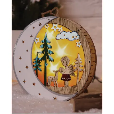 Luna, înger LED de Craciundin lemn, fara baterii Timer 6+18h,6LED, 3000K, 2xAAA