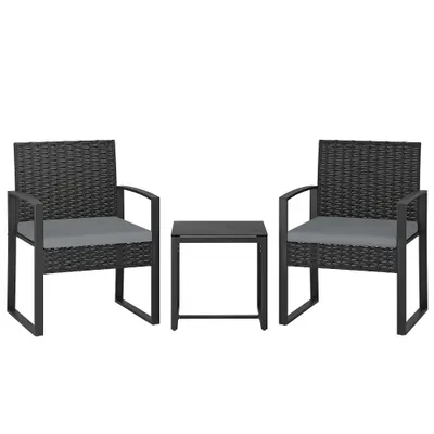 Outsunny Set de Mobilier pentru Grădină din Ratan Sintetic cu 2 Scaune cu Perne Detașabile și Masă cu Blat de Sticlă, Gri | Aosom Romania