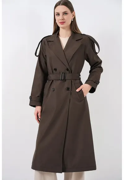 Trenci dama lung - doua randuri de nasturi - maro mocha - textil