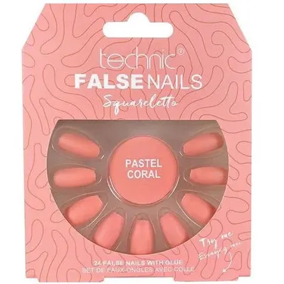 Set 24 unghii false, cu adeziv inclus, Technic, False Nails, Squareletto, Pastel Coral