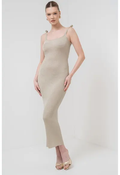 Rochie maxi cambrata cu aspect striat Porto - Auriu/Kaki