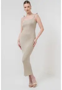 Rochie maxi cambrata cu aspect striat Porto - Auriu/Kaki