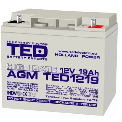 Acumulator AGM VRLA High Rate TED1219, 12V, 19Ah, F3