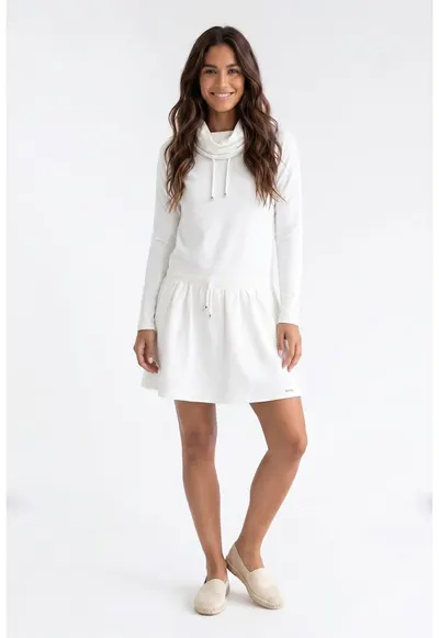 Rochie casual din bumbac - midi - cu guler inalt - maneca lunga - croiala dreapta - tip trening - M1378 - Ecru