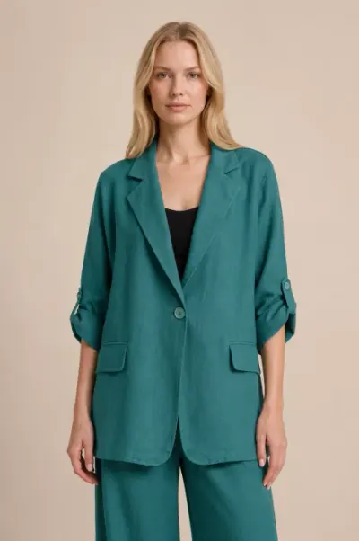 Sacou lejer din in turcoaz inchis, stil minimalist elegant