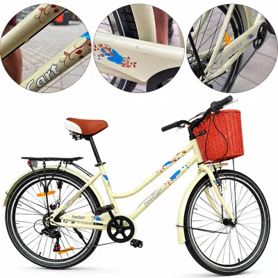 Bicicleta de oras dama 26 inch, Shimano 7 viteze, frana pe disc spate si V-Brake fata, cos fata, portbagaj, crem, RESIGILAT