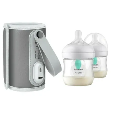 Set incalzitor biberoane, Lionelo, ThermUp Go, portabil, USB, Gri + 2x biberoane, Philips Avent, Cu supapa AirFree, 0 luni+, 125 ml, Alb