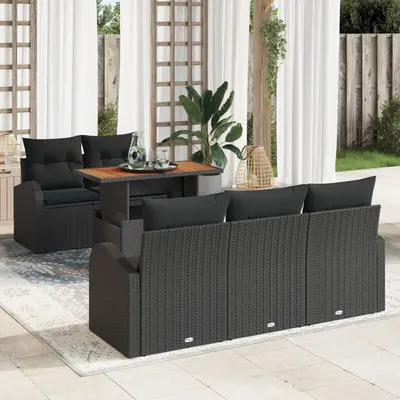 Set canapea gradina Gossi cu 6 piese si perna neagra din ratan, canapea gradina Gossi 2 locuri cu depozitare & perne negre din ratan