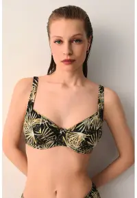 Sutien de baie cu cupe balconette si imprimeu tropical - Negru/Bej/Verde masliniu