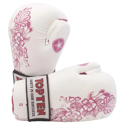 Manusi kickbox “Flowers” pentru femei, omologat WAKO - alb-roz, marime L