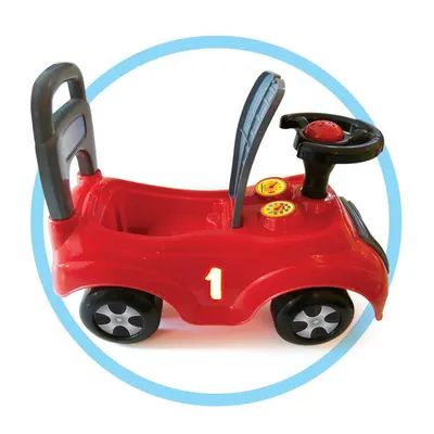 Masina Ride-On fara pedale Dolu rosie, de la 12 luni, cu spatiu de depozitare sub scaun, destinata copiilor cu o greutate de maxim 23 kg